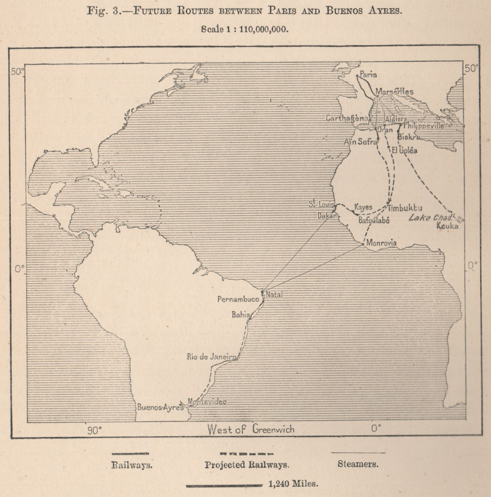 Future routes between Paris and Buenos Aires across Africa 1885 old map